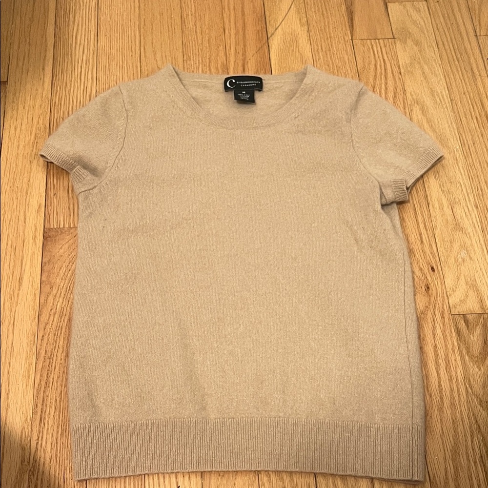 Bloomingdale's Beige Short-Sleeve Crewneck Sweater